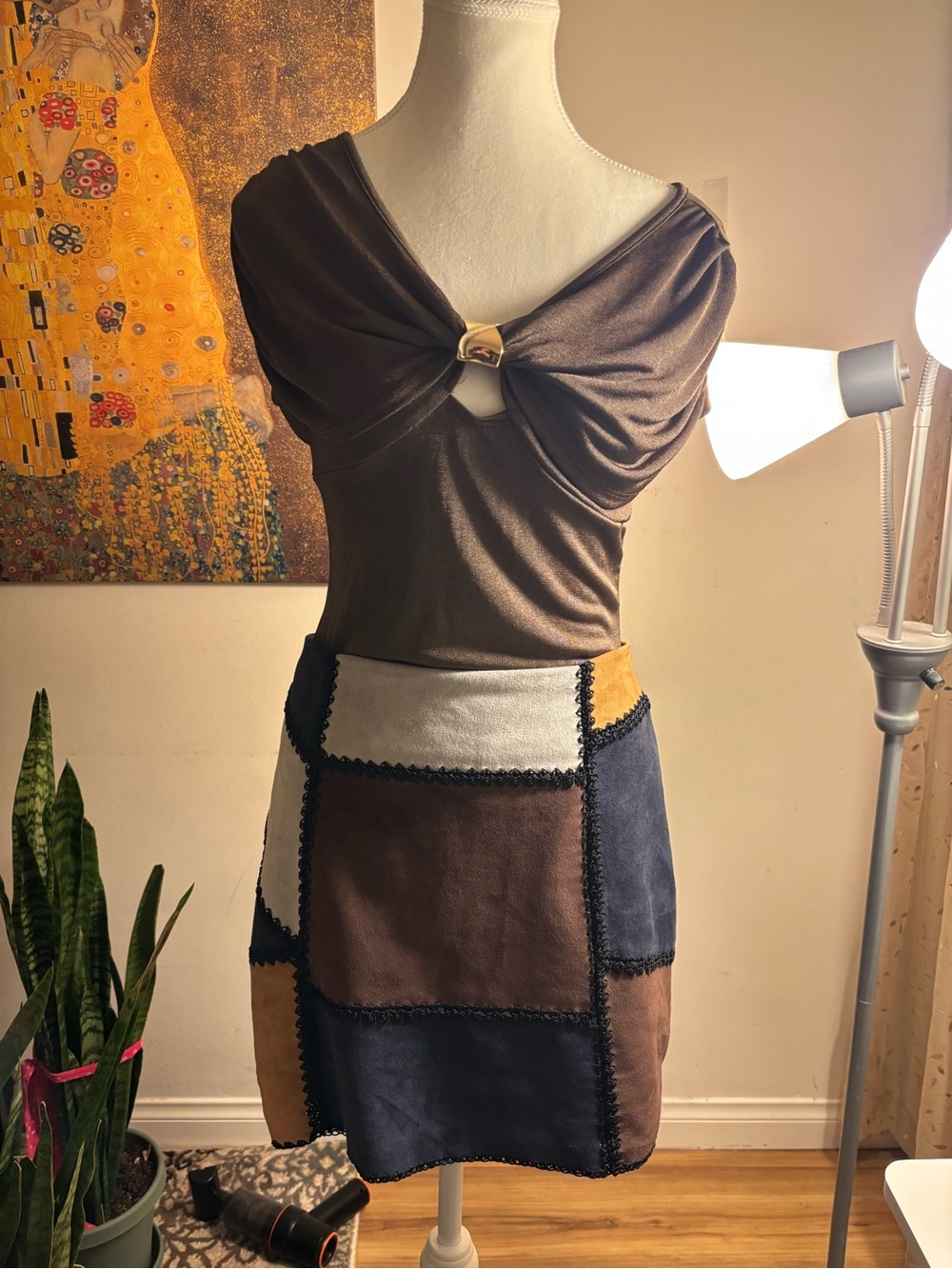Patchwork Mini Skirt in Navy, Brown & Cream